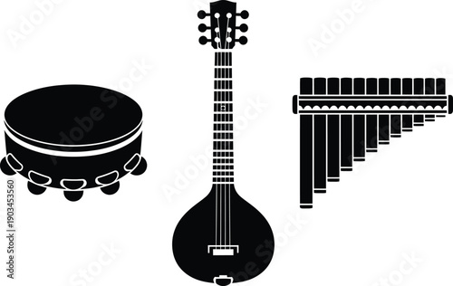 Musical instrument silhouettes including a black percussion tambourine with jingles a traditional stringed sitar with long neck and a pan flute wind pipe on a isolated isolated background