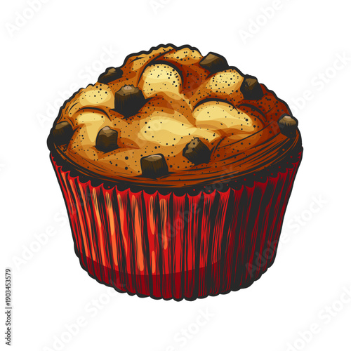 Сupcake with Chocolate pieces. Fluffy Muffin in paper cup. Vector illustration for bakery branding, dessert menus, Valentine-themed card, festive packaging, creative culinary, romantic design