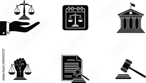 Law icons set in black and white featuring scales of justice held by hands a legal calendar courthouse building and judge gavels with documents on a clean isolated background