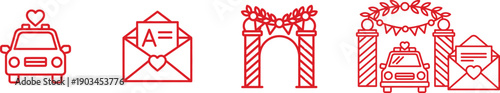 Wedding icons in red line art showing a decorated car with a heart, a love letter, and a ceremonial arch for a romantic celebration vector set.