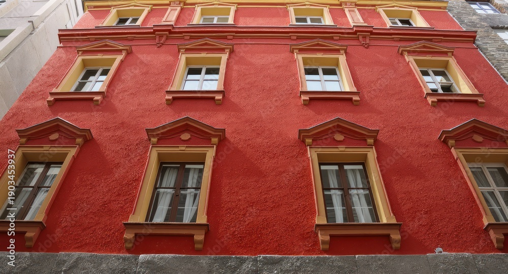 Fototapeta premium Red building exterior, eight windows with ornate gold frames, on a narrow street, viewed from below