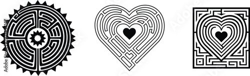 Maze patterns vector set with a black circular labyrinth featuring a spiky border, a heart shaped maze, and a square framed heart maze design.