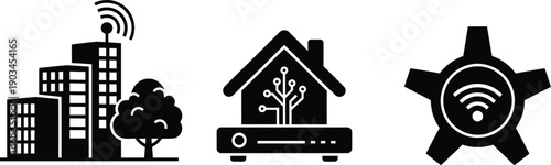 Smart technology icons set in a black glyph style featuring city wireless connectivity, smart home automation, and WiFi network settings.