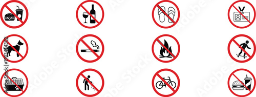 Prohibition signs set featuring symbols for no food or drinks, no pets, no smoking, no fires, no cycling, no skateboarding, and restricted access.
