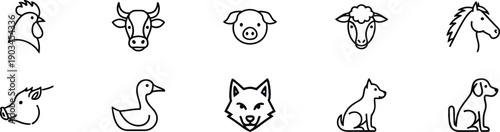 Farm animals line icon set featuring rooster, cow, pig, sheep, horse, wild boar, duck, wolf, and dog icons.