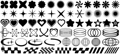 set vector Y2K shapes icons collections. Retrofuturistic, 3D elements, globes symbol. Brutalism, geometric shapes sign design template vector illustration