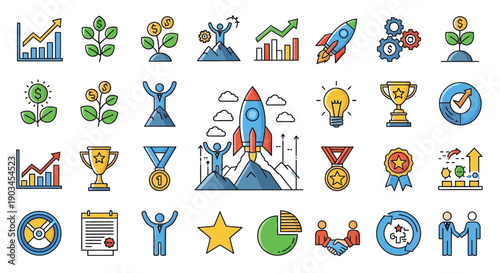 Collection of business success icons featuring growth charts, awards, and achievement symbols in a modern flat design style
