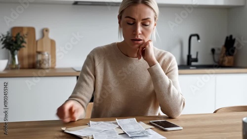 A concerned woman is reviewing domestic bills, managing her monthly home budget and contemplating real estate rent or mortgage while sitting at a wooden table in a bright kitchen.