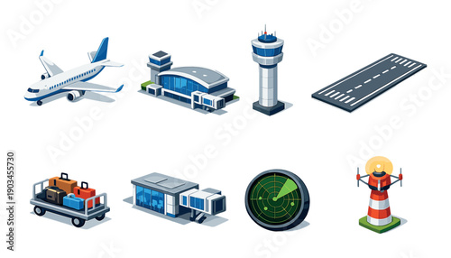Isometric airport icons set with plane control tower and radar