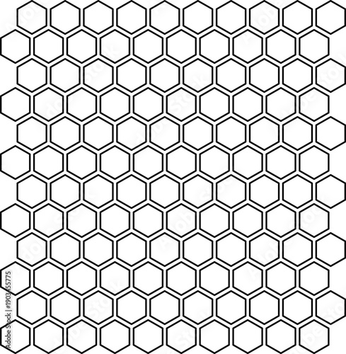 Seamless hexagon grid pattern with clean geometric honeycomb outline. Minimal black line background for wallpaper, packaging, branding, web design, textile, and modern graphic projects.
