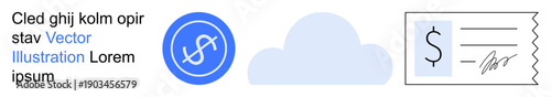 Fintech, cloud computing, digital payments, online transactions, invoicing, remote financial management. Cloud icon, dollar symbol document-style invoice. Fintech and cloud computing visual theme