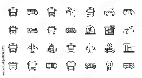 Collection of transport icons including buses, trains, airplanes, and transit station signs.