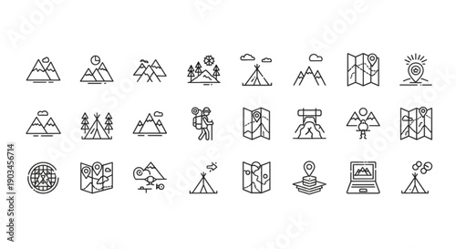 Adventure and travel icons featuring mountains, tents, maps, hikers, and camping gear.
