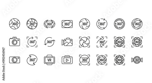 360-degree view and VR icons: rotation, cameras, panoramic view, and virtual reality.