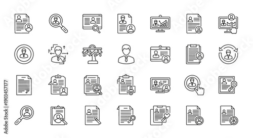 Recruitment and HR Icons: Candidates, Resumes, and Hiring Symbols. Isolated Line Art.