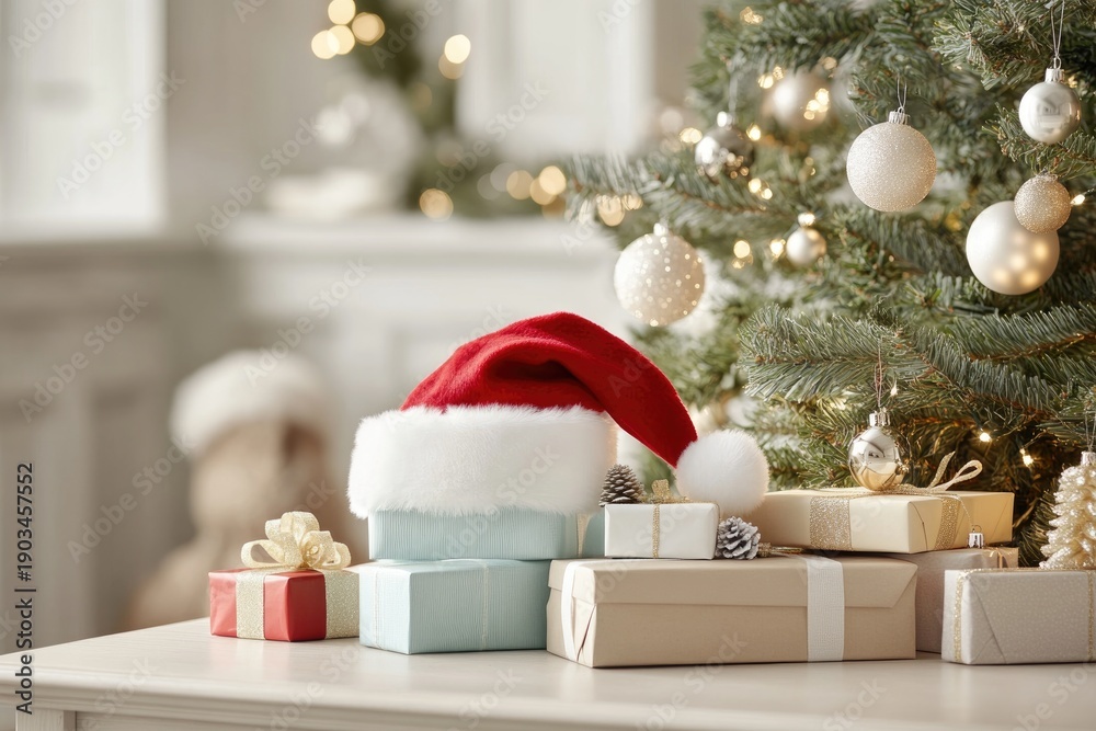 Fototapeta premium Festive christmas scene with santa hat and wrapped gifts by decorated tree
