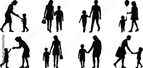Silhouette adult and child pairs, parenting and caregiving concept, black figures on white background, family relationship illustration for education, bonding, and design projects