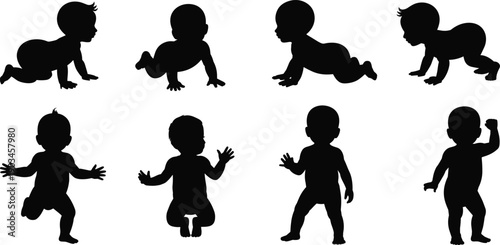 Silhouette babies crawling, standing, walking, black figures on white background, infant development stages illustration, early childhood movement and posture concept for design projects