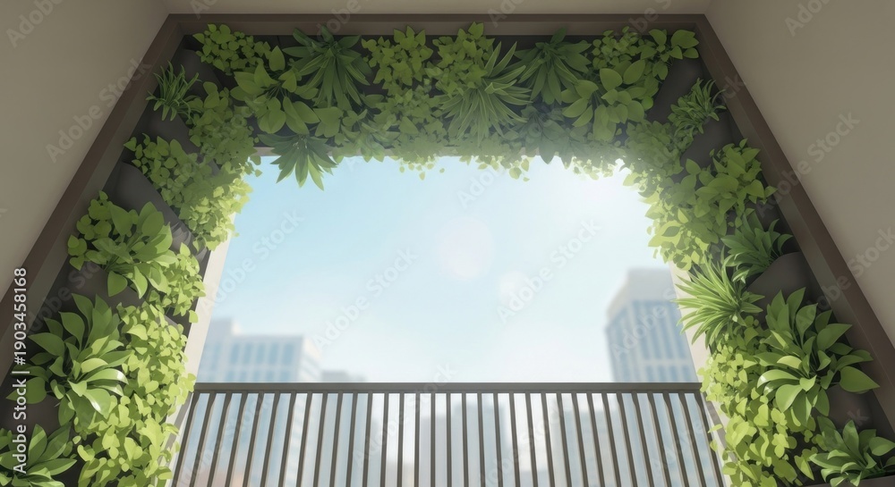 Obraz premium Balcony with vertical garden, sunny sky, and blurred city view