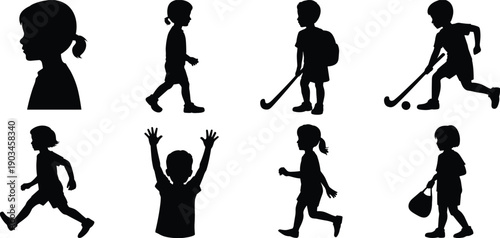 Silhouette children playing and walking, kids in various activities, black figures on white background, childhood concept illustration, active lifestyle and movement design