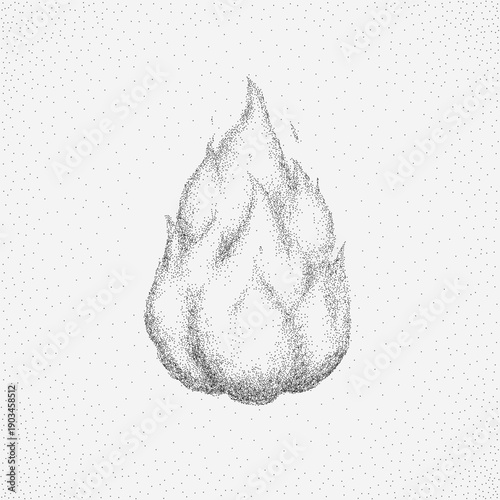 Graphic flame illustration with bold threshold ink, stippled halftone grit, scattered dust particles, high contrast edges and rough worn background.