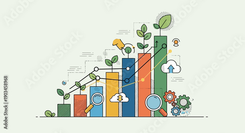Colorful Bar Graph with Icons and Leaves.