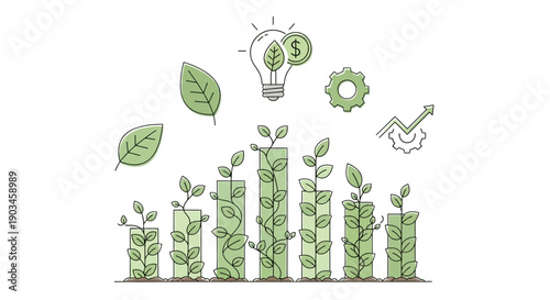 Green Bar Graph with Dollar Bills and Icons.