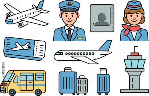 Air travel flat icons set with airplane, pilot, flight attendant, boarding pass, luggage, shuttle bus and airport control tower, aviation and tourism illustration isolated on white background