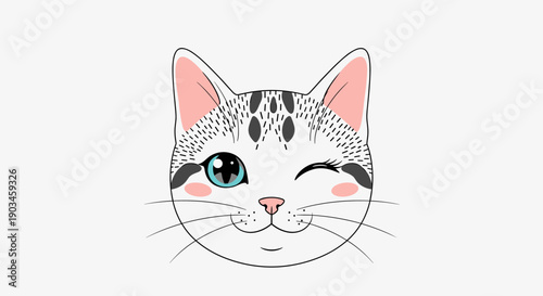 Charming illustration of a cat face shows a playful kitten winking with one large blue eye and pink cheeks on a white background.
