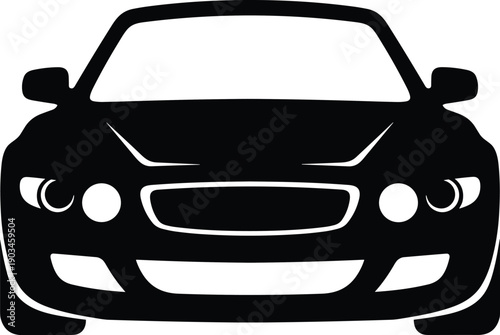 Black car front silhouette icon isolated on white background, modern automobile design symbol for transportation, automotive industry, vehicle branding and graphic design use