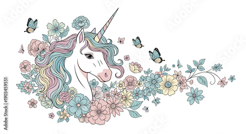 Beautiful white unicorn with a rainbow mane is surrounded by an abundance of colorful spring flowers and fluttering blue butterflies.