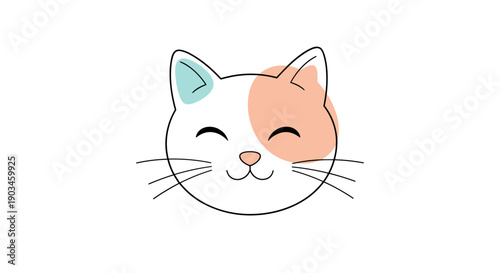 Simple minimalist cat face drawing features a peach colored patch and a happy expression on a clean white background.