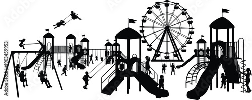 Children playground silhouettes with slides, swings, climbing structures and Ferris wheel, kids playing in amusement park isolated on white background