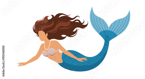 Graceful mermaid with a long flowing brown hair and a shimmering blue fish tail swims elegantly across a clean white background space.