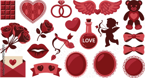 Valentine love elements vector set illustration. Hearts, roses, cupid, rings, teddy bear, bows, and romantic icons. Clean flat design for Valentine cards, weddings, and love branding.