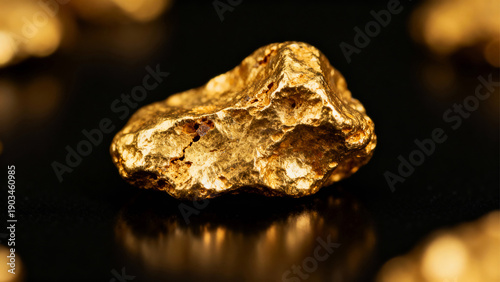 Natural Gold Nugget Macro with Blurred Bokeh. Raw Precious Metal Ore Group. Shiny Yellow Mineral Stone for Finance, Mining, Banking and Luxury Wealth Investment. Heavy Geological Rock Texture.