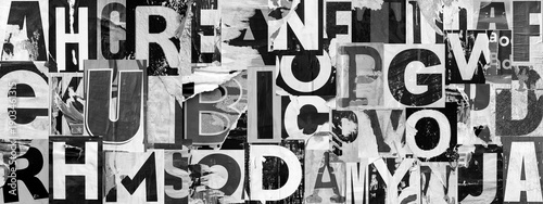 Collage of many letters ripped torn advertisement street fly posters grunge creased crumpled paper texture background placard backdrop surface	