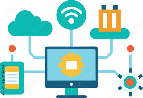 Computer with security shield and cloud icons isolated on transparent background, Vector, illustration