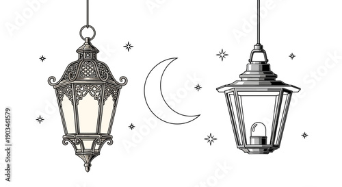 Black and white illustration of hanging lanterns and crescent moon.