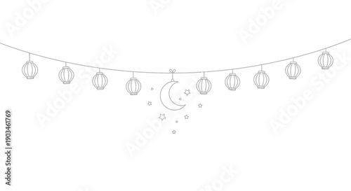 Simple line drawing of a string of lanterns with a crescent moon.