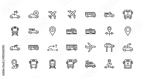 Set of transport icons: cars, buses, airplanes, trains, and route markers.