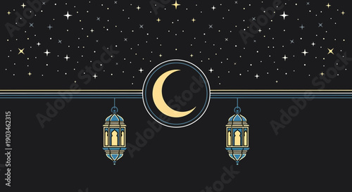 Ramadan Kareem greeting with lanterns and crescent moon.
