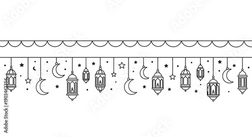 Ramadan Kareem lanterns and crescent moon decoration line art.