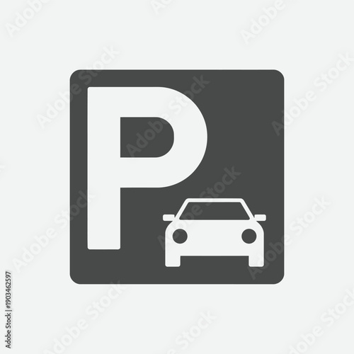 A gray parking sign with a white letter p and car illustration