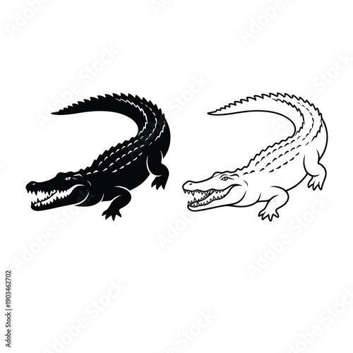 Two alligators in contrasting shades black and white facing forward