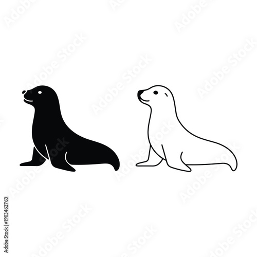 Two stylized seal icons one black one white both in profile