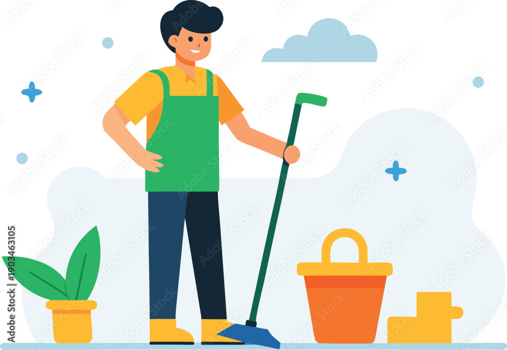 Fototapeta premium Man cleaning with broom and bucket isolated on transparent background, Vector, illustration
