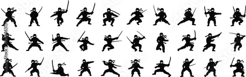 Set of ninja silhouettes in various action poses, martial arts fighters with swords, ninja warriors practicing combat skills, isolated on white background