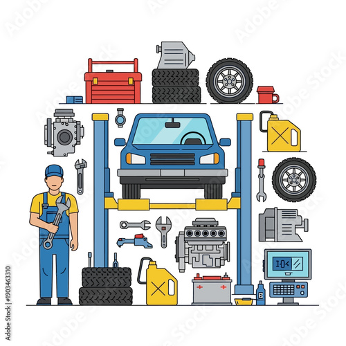 Car Repair Service: Mechanic, Auto Lift, Engine, Tools, Tires, Battery & Computer Diagnostics