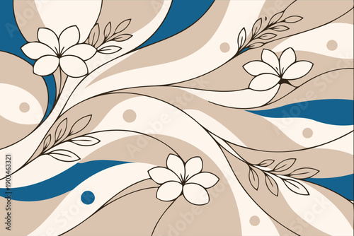abstract wavy pattern with delicate florals and blue accents